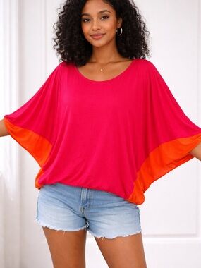 bebe Bright Pink and Orange Colorblock Batwing Silk Dolman Sleeve Top Size S